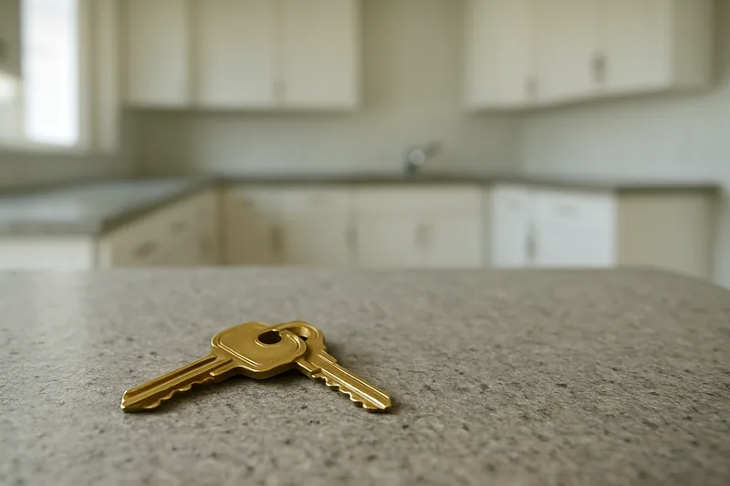 Two plain brass keys on a bare stone benchtop in an empty new kitchen — cooling off period, Baulkham Hills. Illustrative example.