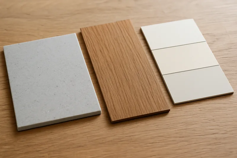 Floor tile, timber veneer and paint chip samples laid side by side on a bare bench — the disclosure statement and changes, Baulkham Hills. Illustrative example.