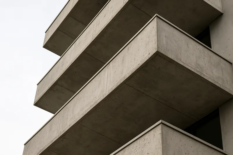 The underside of stacked rendered concrete balconies on a new apartment block against pale sky — off the plan apartments, Baulkham Hills. Illustrative example.