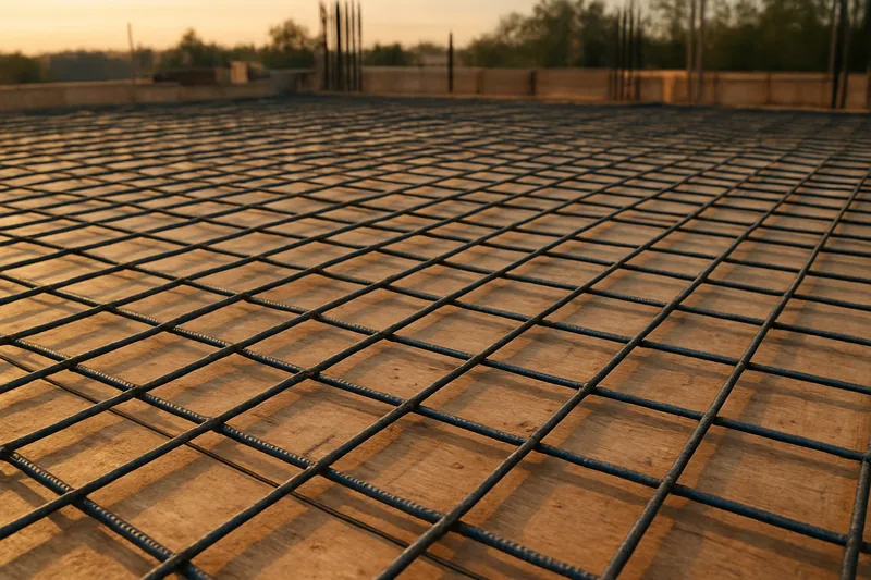 Plywood formwork and a mat of steel reinforcing bars on an upper floor slab before the pour — sunset clauses, Baulkham Hills. Illustrative example.