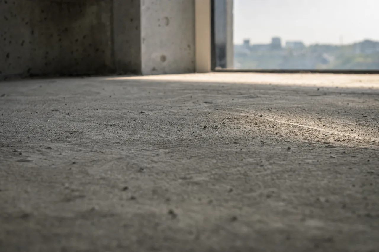 A bare concrete floor slab meeting a tall empty window opening in an unfinished apartment — off the plan apartments, Baulkham Hills. Illustrative example.