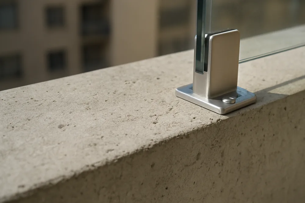 A close view of a rendered concrete balcony edge and a stainless glass balustrade fixing — apartment building cover and defects, Baulkham Hills. Illustrative example.