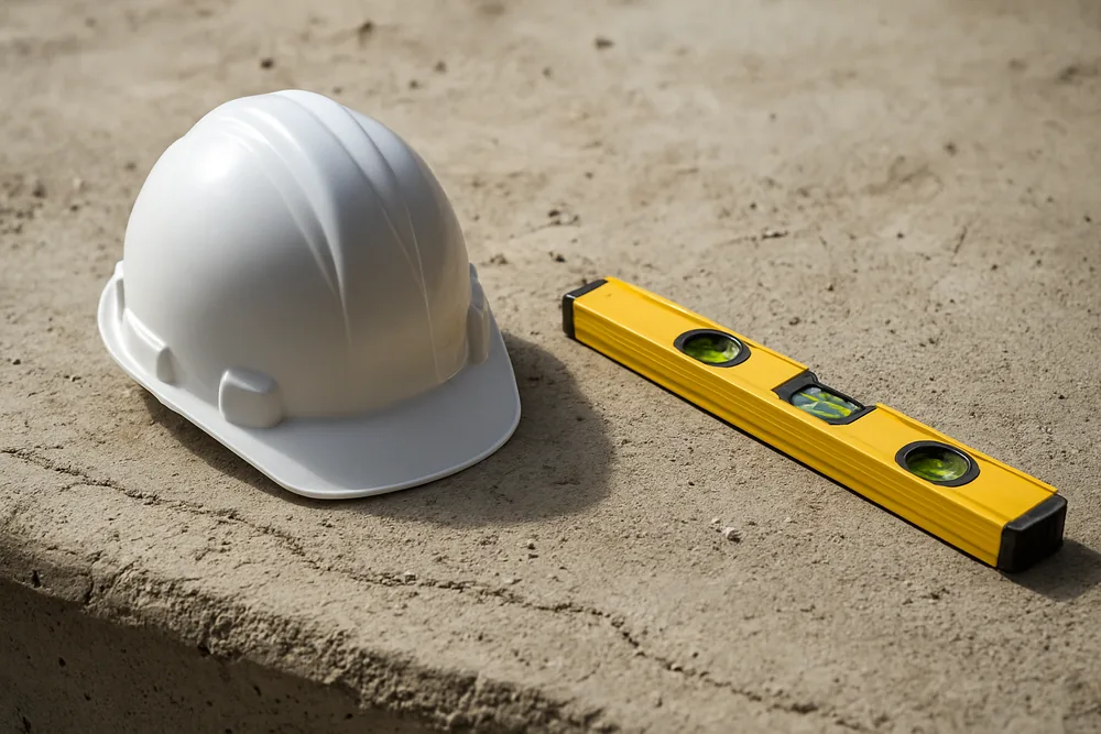 A plain white hard hat and a spirit level resting on a bare concrete slab — apartment building cover and defects, Baulkham Hills. Illustrative example.