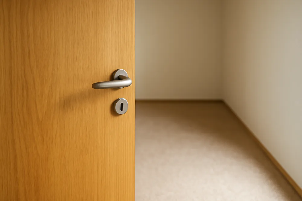 A plain timber apartment door ajar onto an empty hallway with pale carpet — cooling off period, Baulkham Hills. Illustrative example.