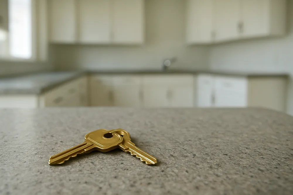 Two plain brass keys on a bare stone benchtop in an empty new kitchen — cooling off period, Baulkham Hills. Illustrative example.