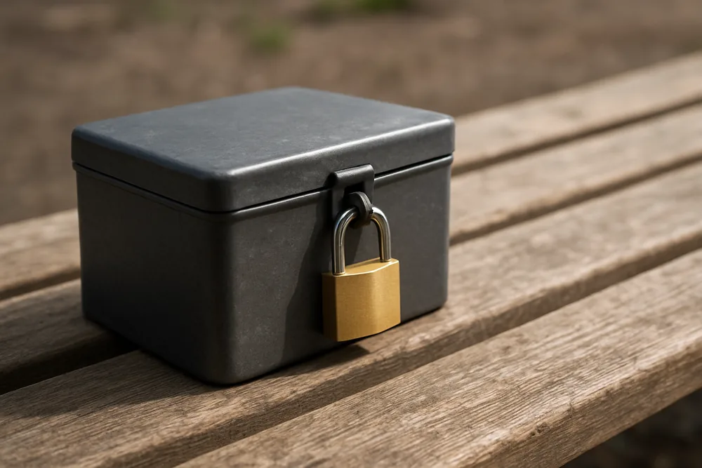 A closed steel lockbox with a brass padlock on a bare bench — deposits and expressions of interest, Baulkham Hills. Illustrative example.