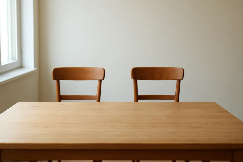 Two empty chairs at a plain bare table in a bright empty room — deposits and expressions of interest, Baulkham Hills. Illustrative example.