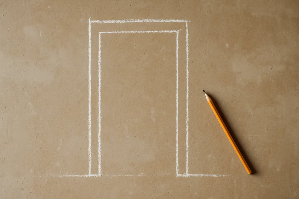 A chalk outline of a doorway on a bare plasterboard wall with a pencil beside it — the disclosure statement and changes, Baulkham Hills. Illustrative example.