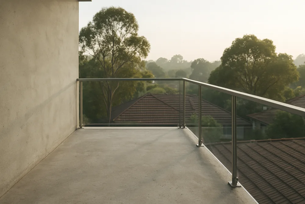 A bare concrete balcony with a glass balustrade looking across low tiled rooftops and tall trees — off the plan apartments, Baulkham Hills. Illustrative example.