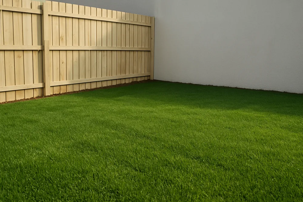 A bare ground-floor courtyard with new turf, a pale timber fence and a rendered wall behind — off the plan apartments, Baulkham Hills. Illustrative example.