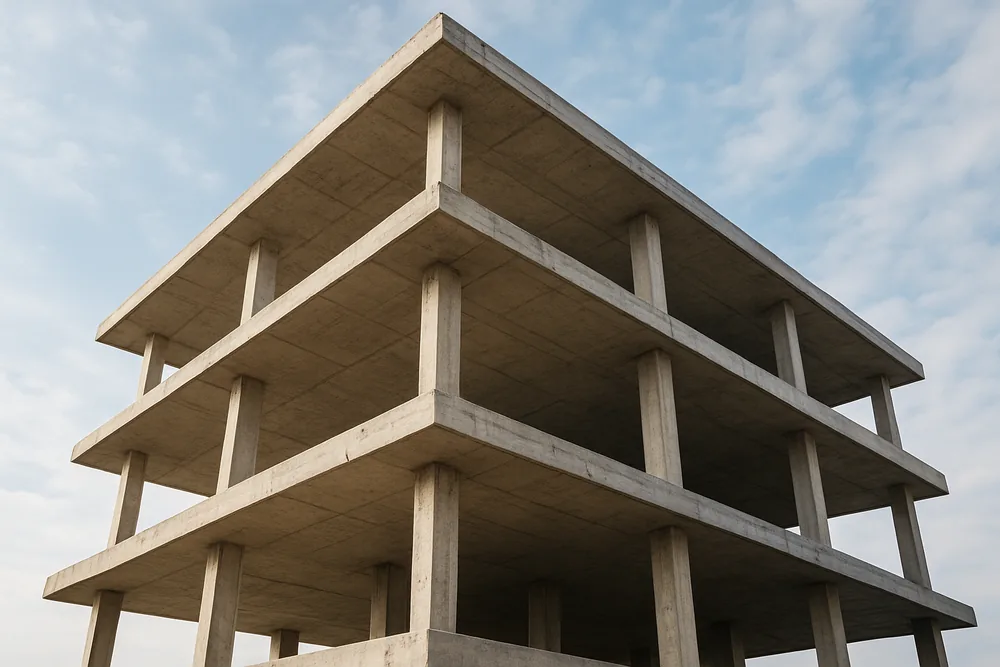 The bare concrete floor plates and columns of a four-storey apartment frame before any cladding — off the plan apartments, Baulkham Hills. Illustrative example.